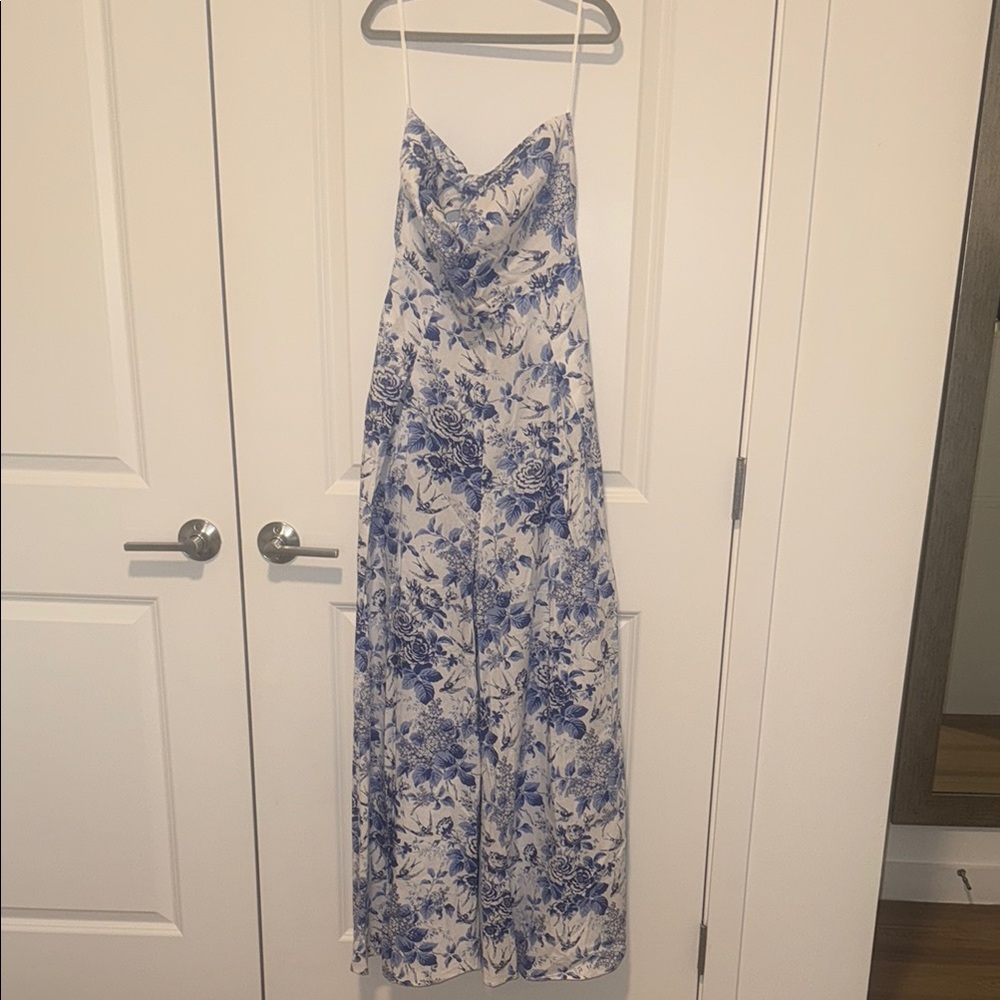 Floral Blue Strapless Wide Leg Jumpsuit - Picture 6 of 8